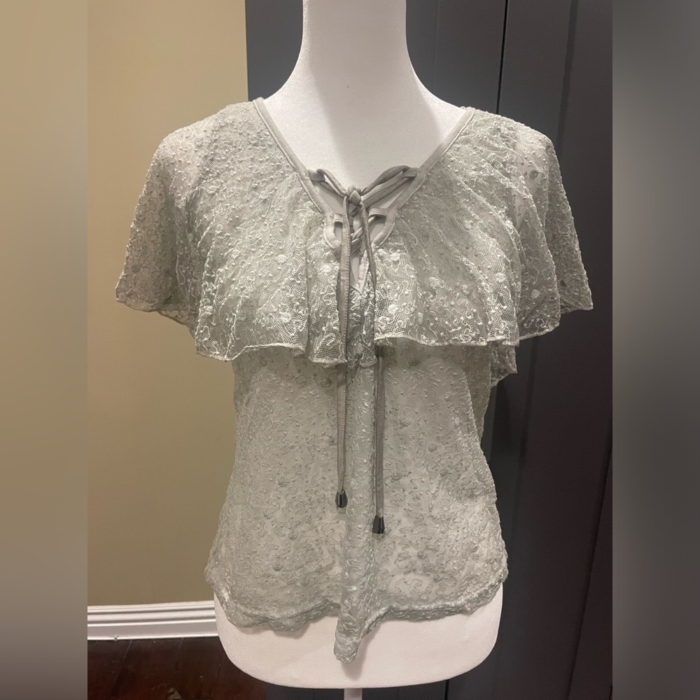 POL Sheer Flutter Ruffle Neck Blouse